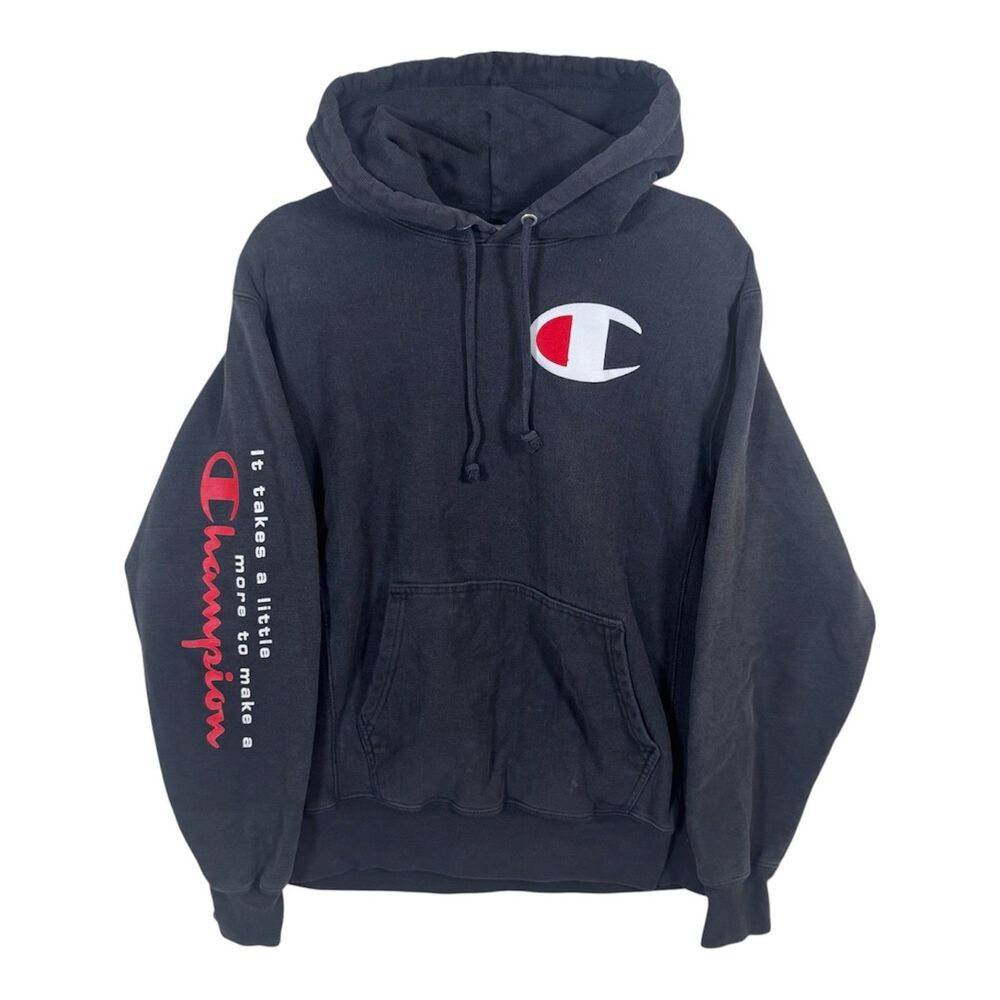 Champion Reverse Weave Hoodie Big C Logo Black Mens Medium Faded